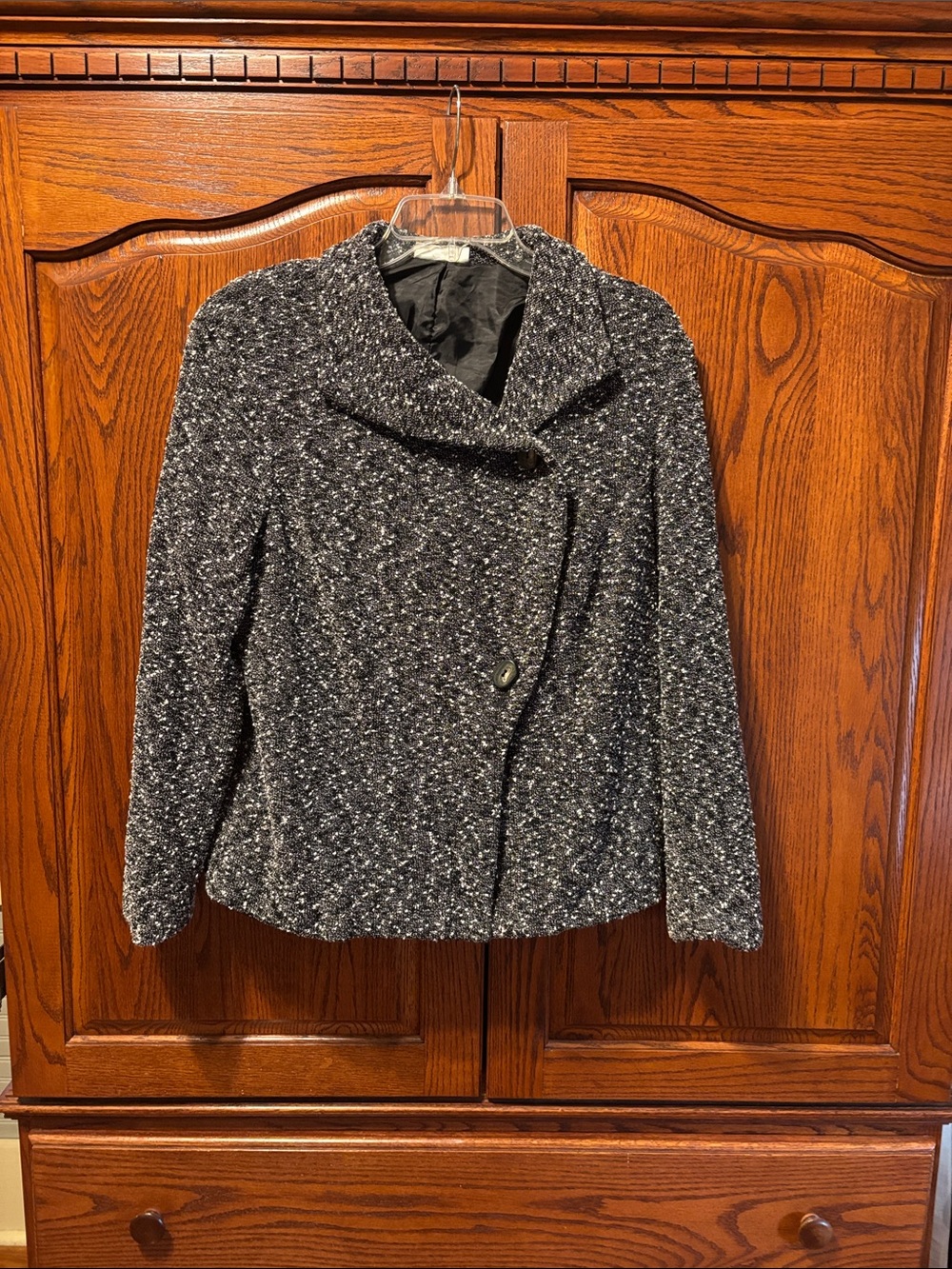 Dressbarn Black and Gray Tweed Drape Collar Jacket